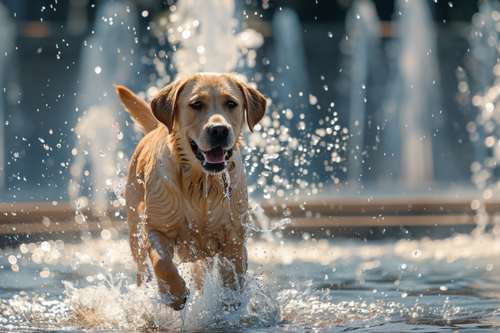 Labrador playing in water outdoors, representing safe summer activities for dogs in Boca Raton