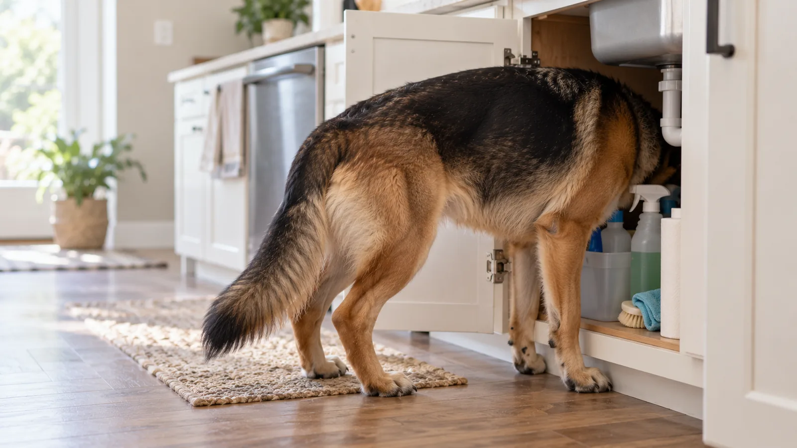 A German shepherd with its head inside an open under-sink cabinet of spray bottles and cleaning supplies.